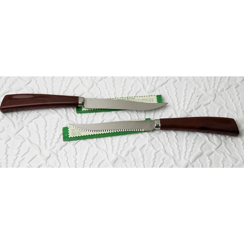 Quikut QUIKKLE Set Of 2 Stainless Steel Steak Knifes Brown Handle Vintage